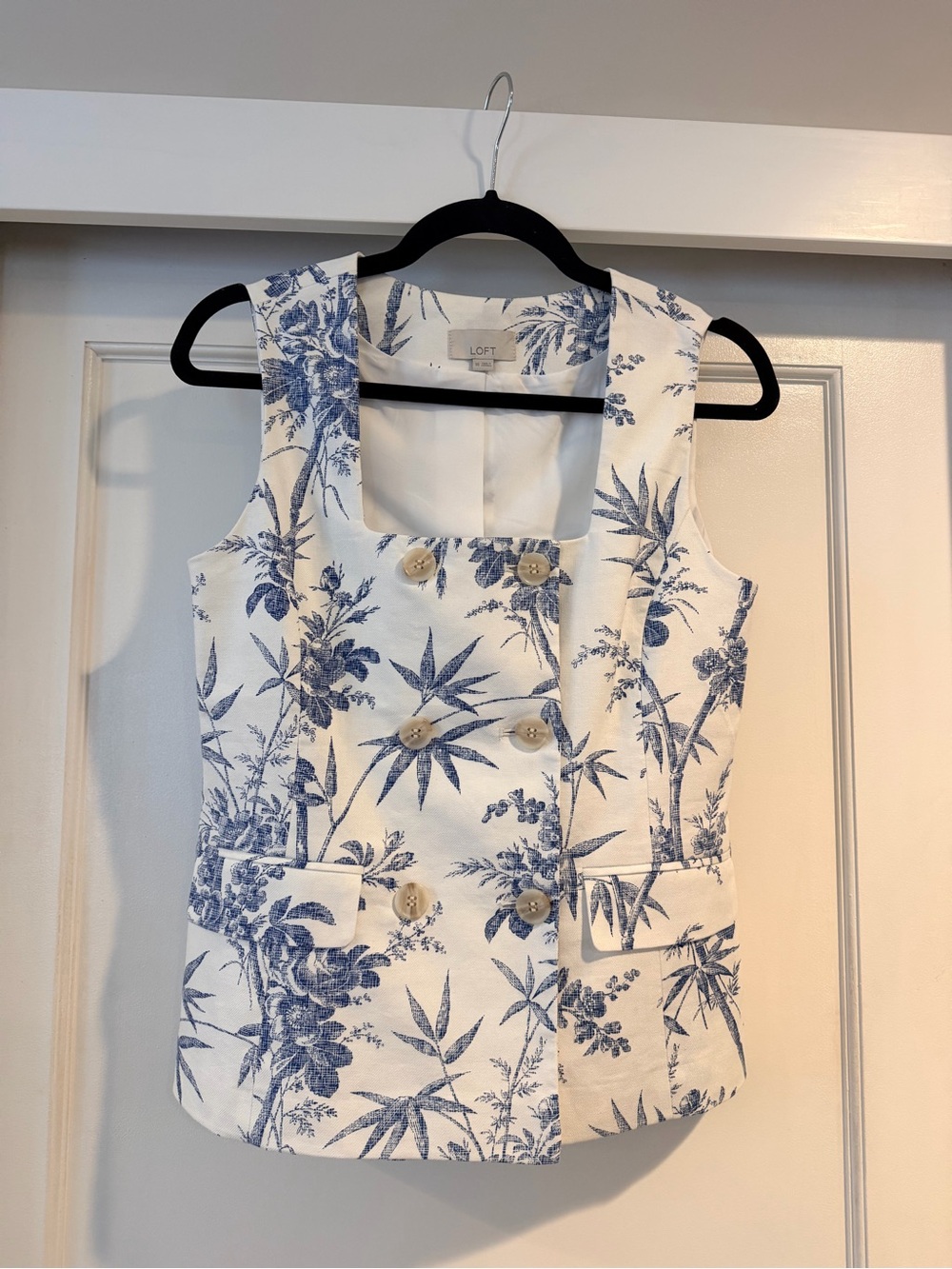 EUC Loft Toile Floral Linen Cotton Double Breasted Vest Size XS